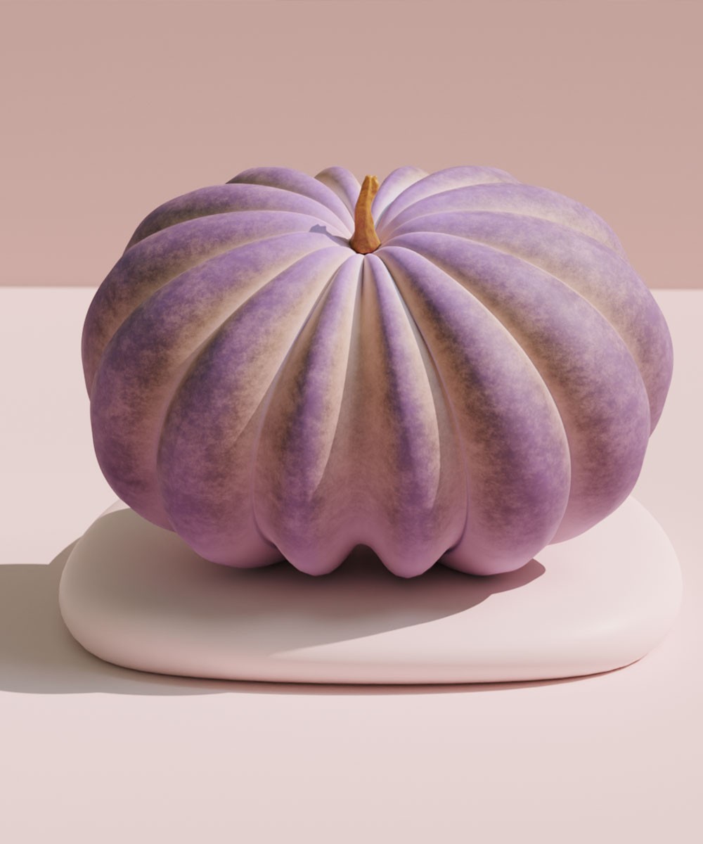 3D renders of pumpkins created in Blender with procedural shading, exploring textures and color variations.